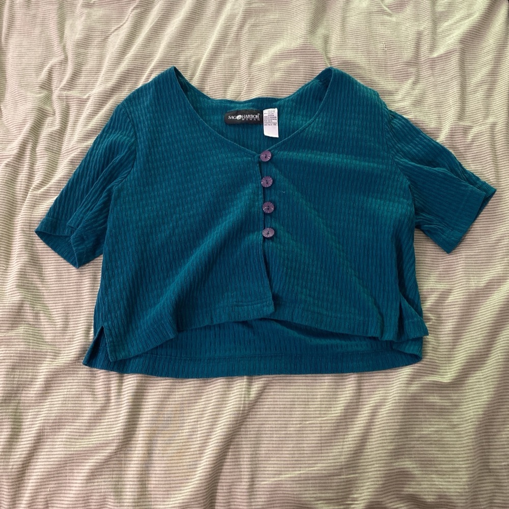 Sag Harbor Teal Crop Top with Buttons